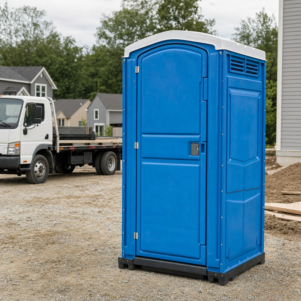 Delivery driver positioning a clean royal-blue portable toilet on level ground at a Los Angeles worksite